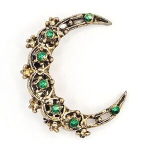 Vintage Gerrys Crescent Moon Brooch Gold Tone Green Enamel Accents Celestial Pin